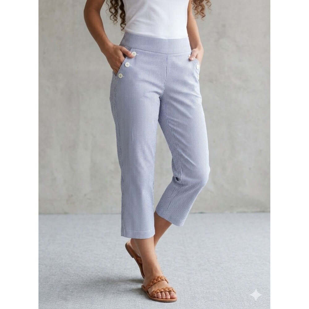 Counterparts Blue White Striped Sailor Crop Pants Petite 12P Nautical Seersucker
